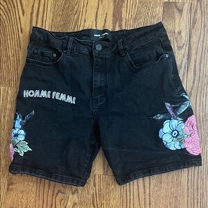 Homme + Femme Men’s Embroidered Black Demin Jean Shorts Size 32